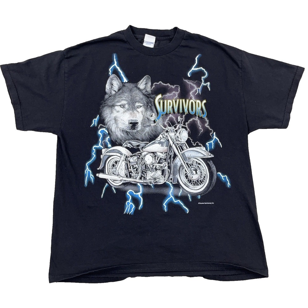Vintage Nature Shirt Men Black Thunder Lightning Motorcycle Biker Wolf 90s Y2K